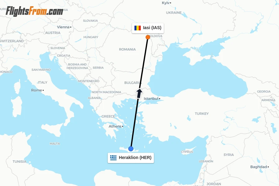 Flights from Heraklion to Iasi route map
