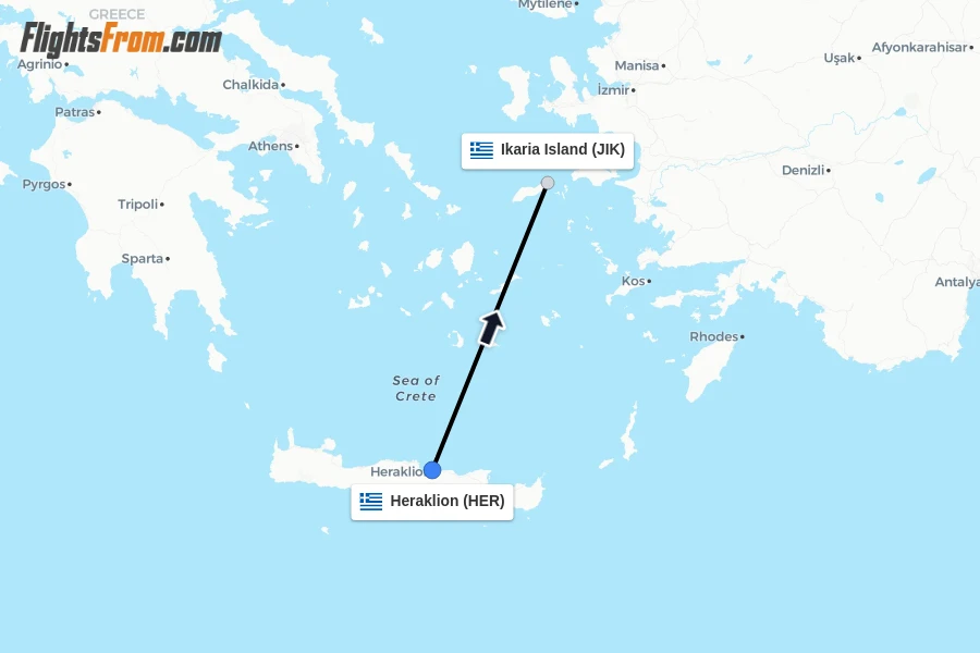 Flights from Heraklion to Ikaria Island route map