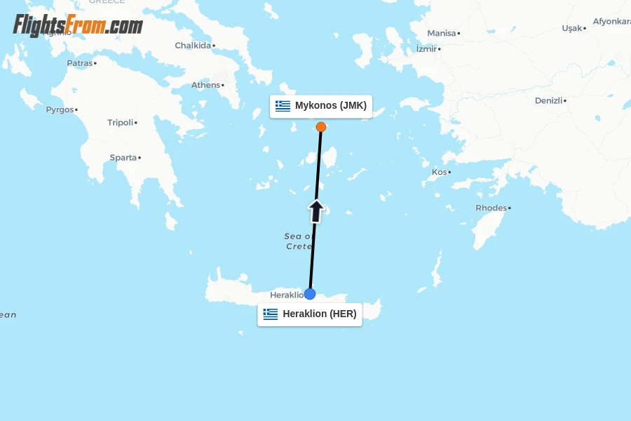Flights from Heraklion to Mykonos route map