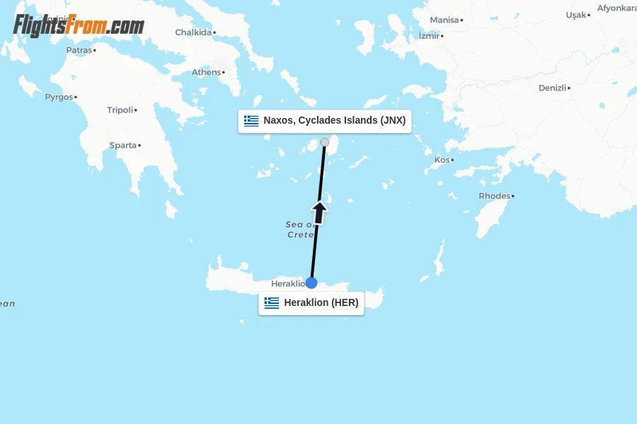 Flights from Heraklion to Naxos, Cyclades Islands route map