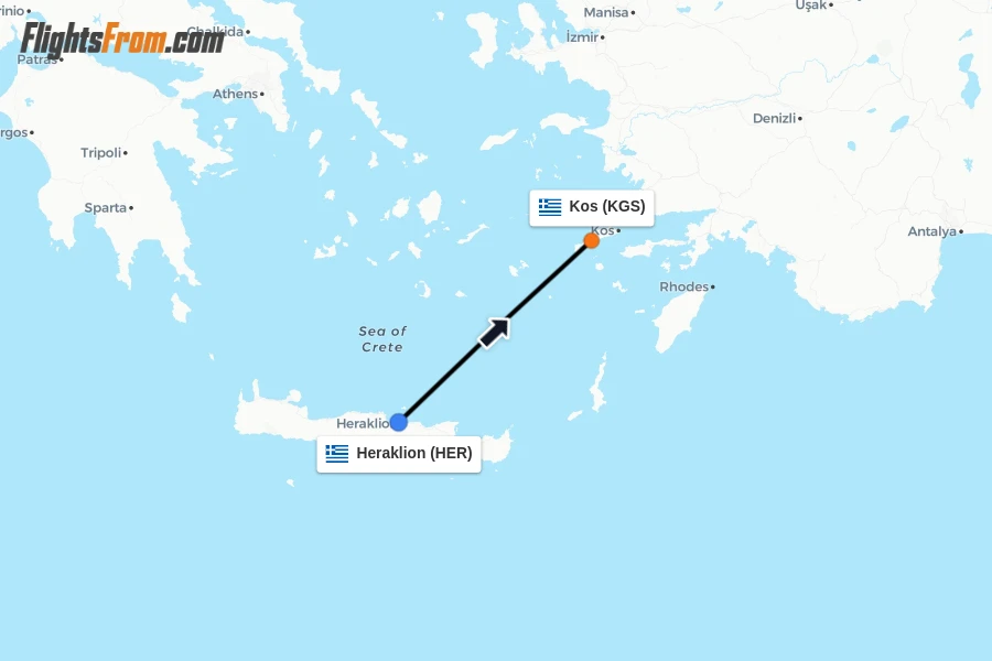 Flights from Heraklion to Kos route map