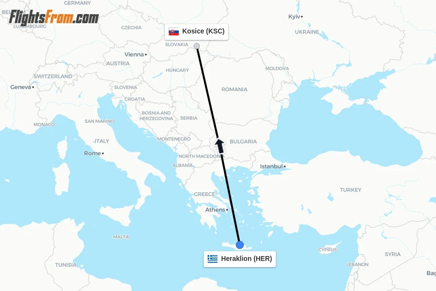 Flights from Heraklion to Kosice route map