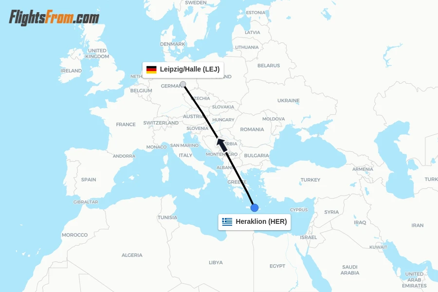 Flights from Heraklion to Leipzig/Halle route map