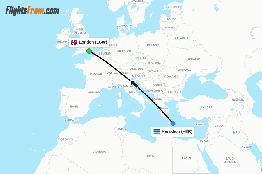 Flights from Heraklion to London route map