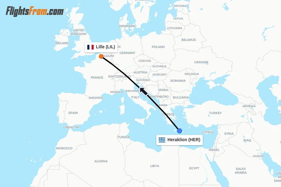 Flights from Heraklion to Lille route map
