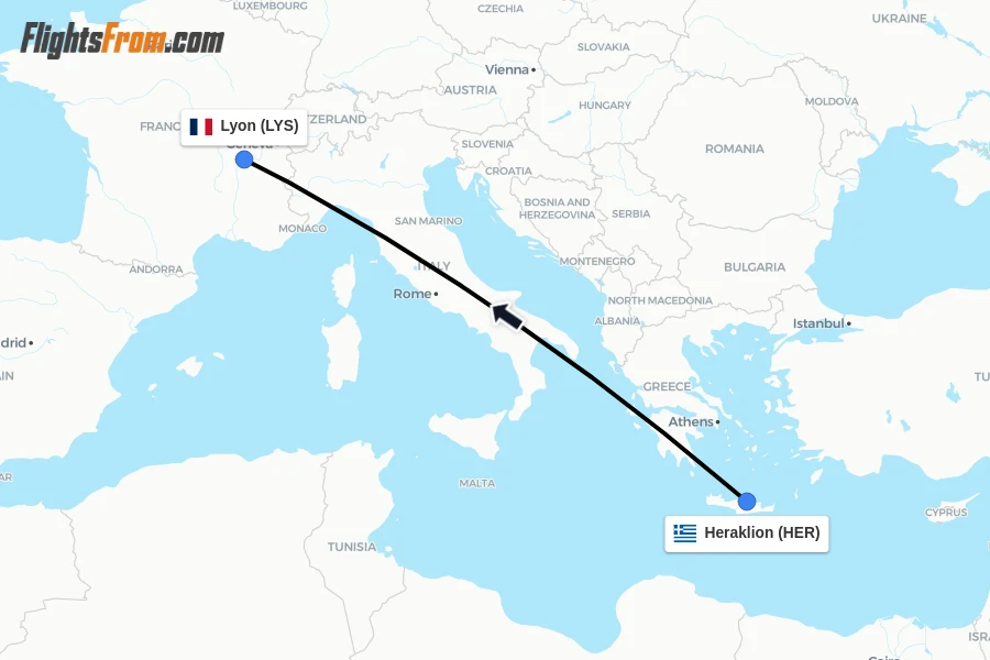 Flights from Heraklion to Lyon route map