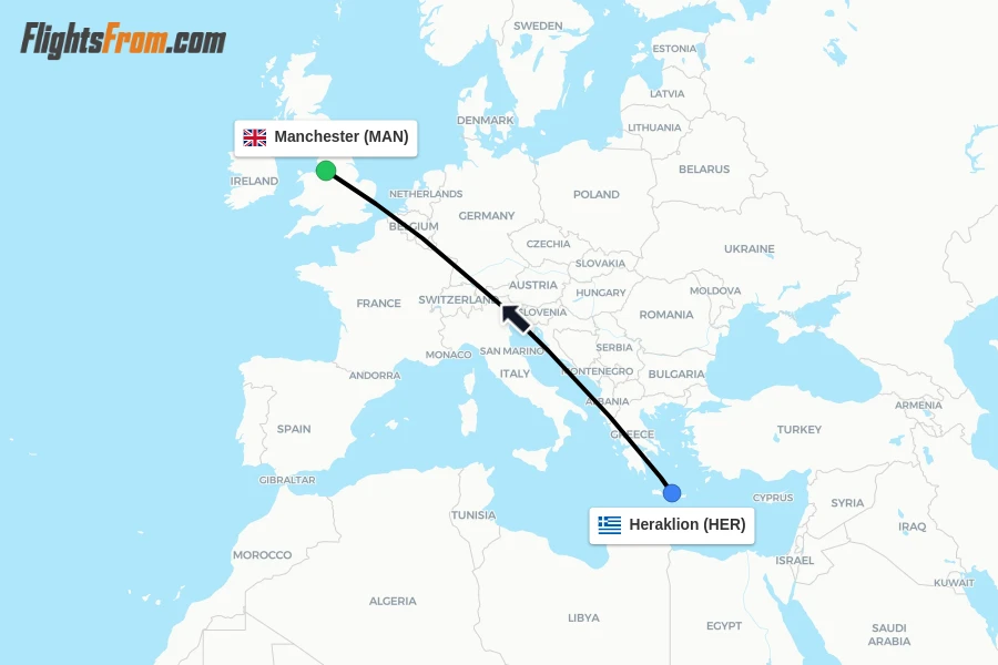 Flights from Heraklion to Manchester route map