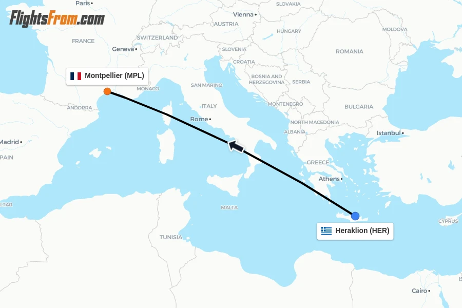 Flights from Heraklion to Montpellier route map