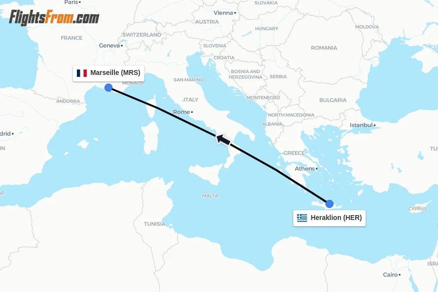 Flights from Heraklion to Marseille route map