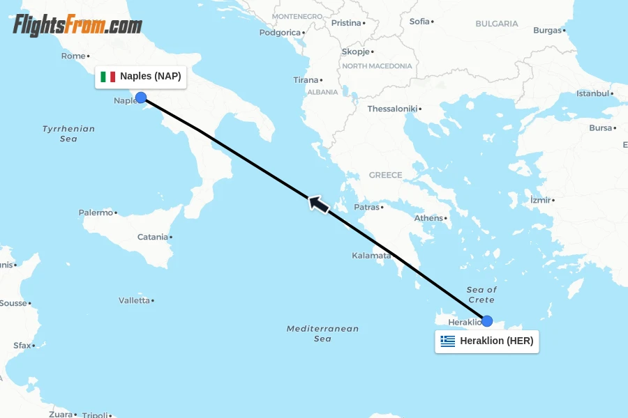 Flights from Heraklion to Naples route map