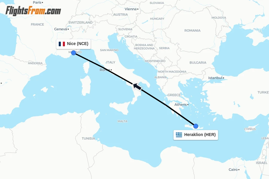 Flights from Heraklion to Nice route map
