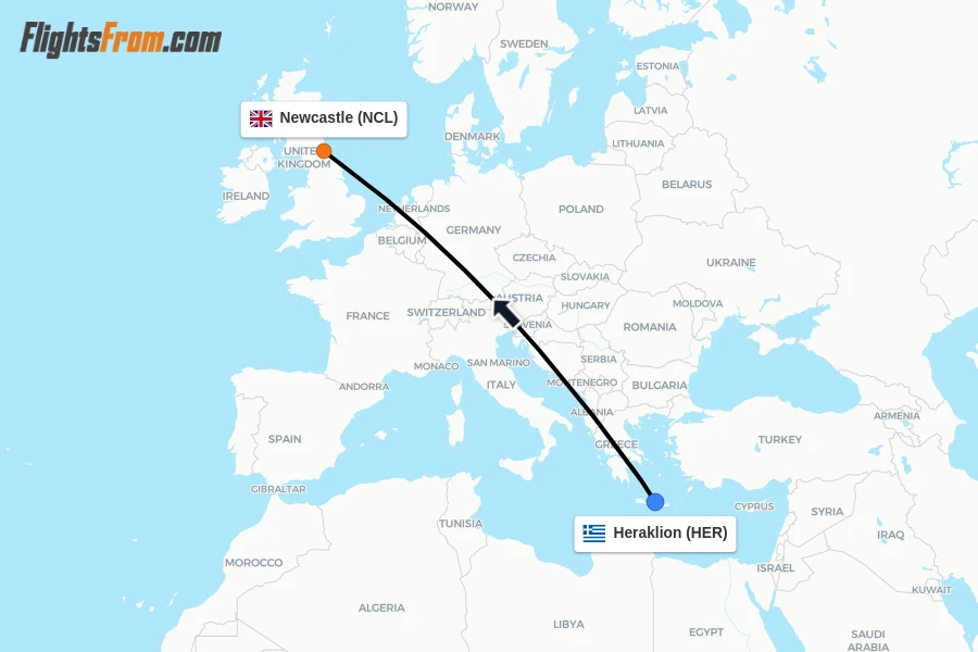 Flights from Heraklion to Newcastle route map