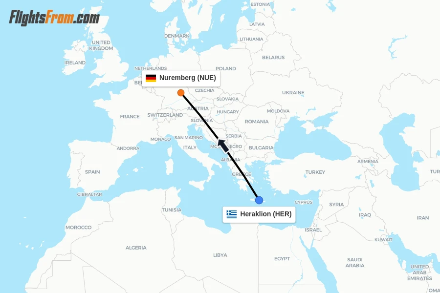 Flights from Heraklion to Nuremberg route map