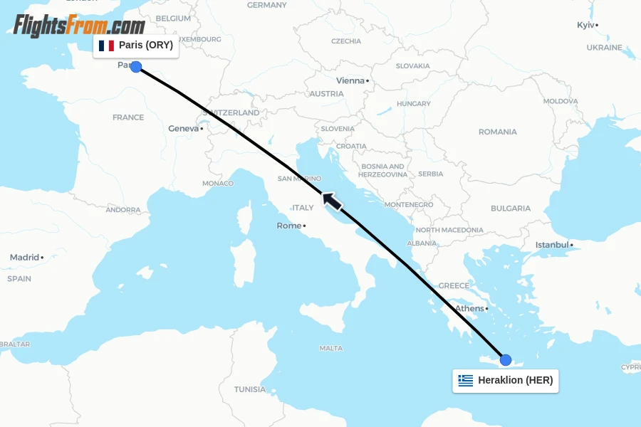 Flights from Heraklion to Paris route map
