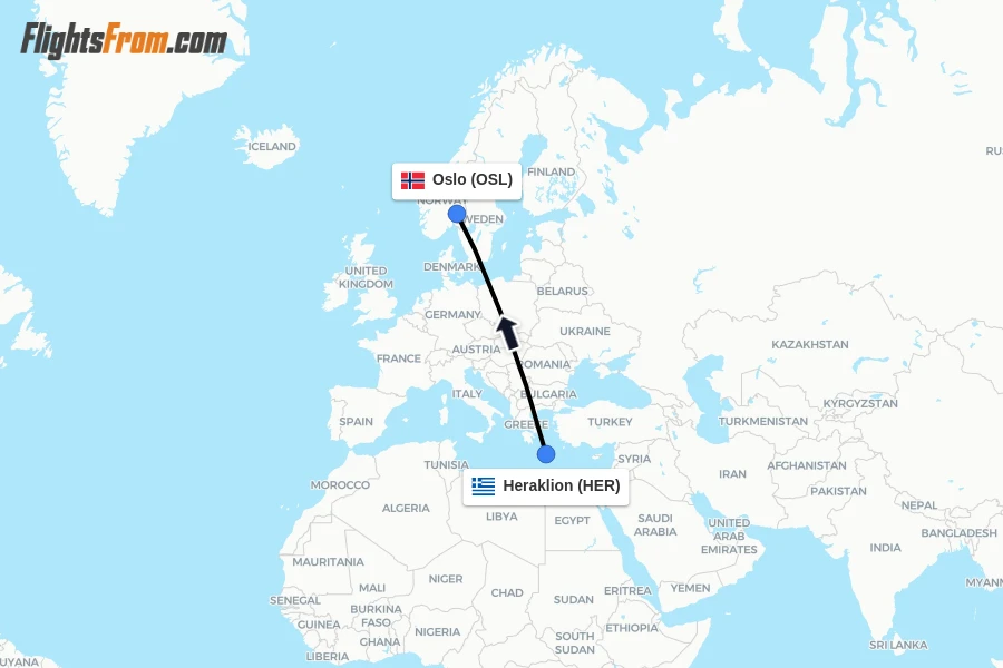 Flights from Heraklion to Oslo route map