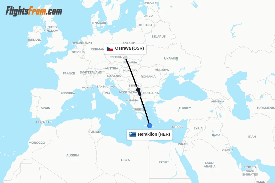 Flights from Heraklion to Ostrava route map