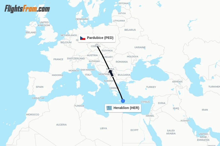 Flights from Heraklion to Pardubice route map
