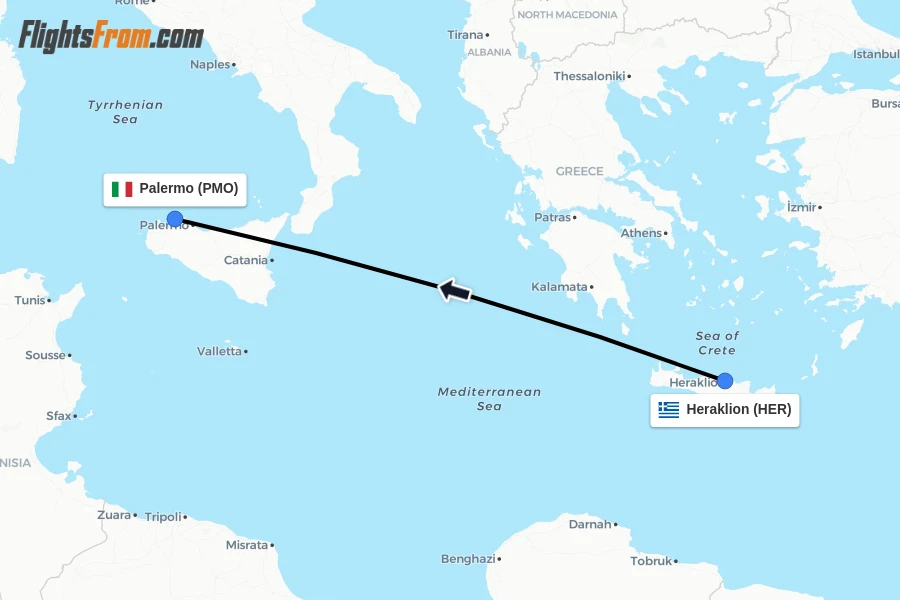 Flights from Heraklion to Palermo route map