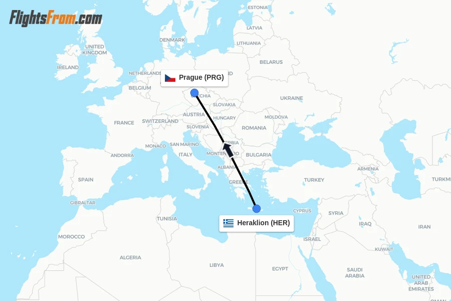 Flights from Heraklion to Prague route map