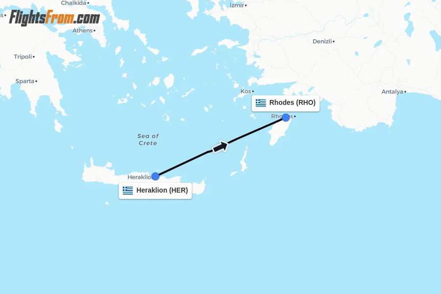 Flights from Heraklion to Rhodes route map