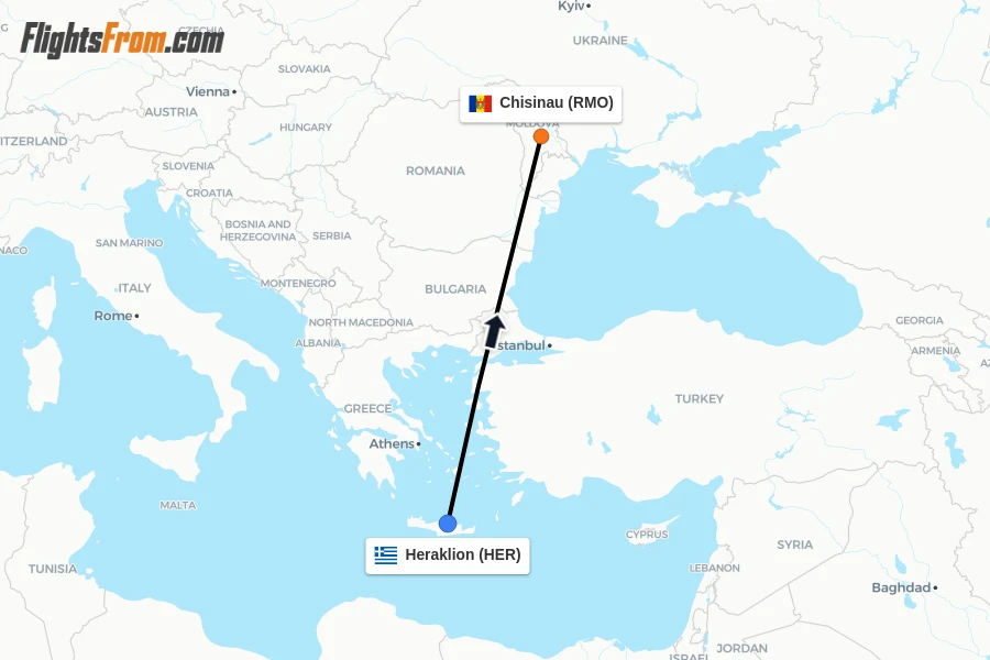 Flights from Heraklion to Chisinau route map