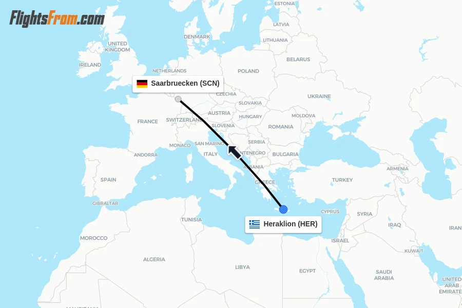Flights from Heraklion to Saarbruecken route map
