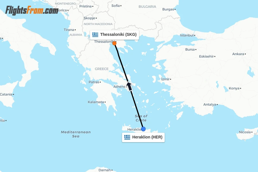 Flights from Heraklion to Thessaloniki route map