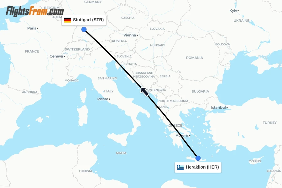 Flights from Heraklion to Stuttgart route map