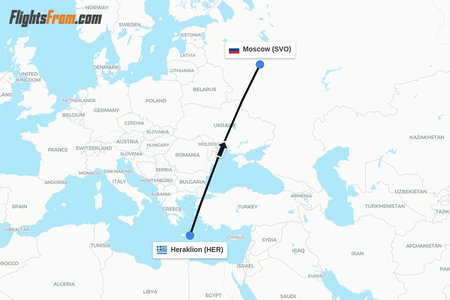 Flights from Heraklion to Moscow route map