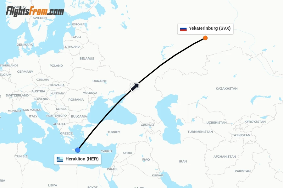 Flights from Heraklion to Yekaterinburg route map