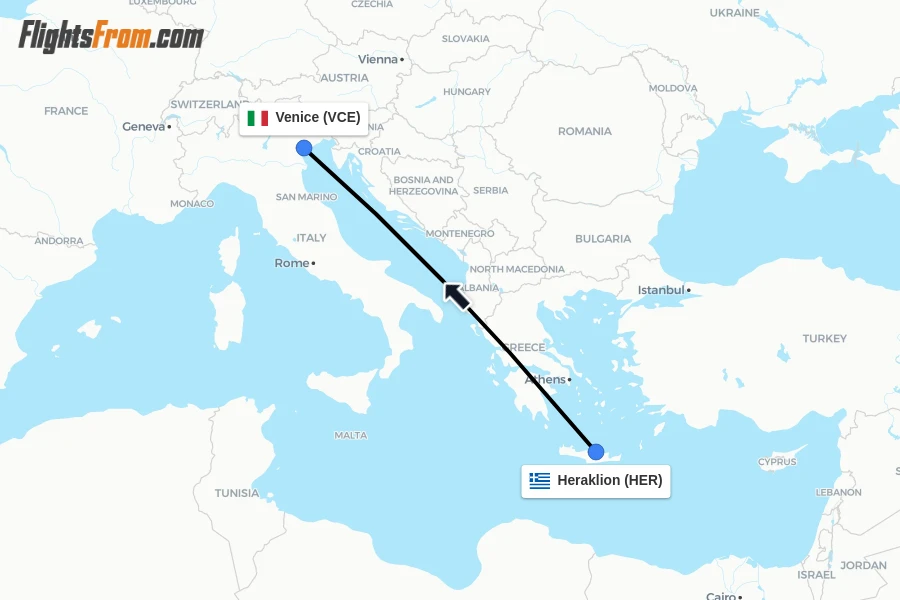 Flights from Heraklion to Venice route map