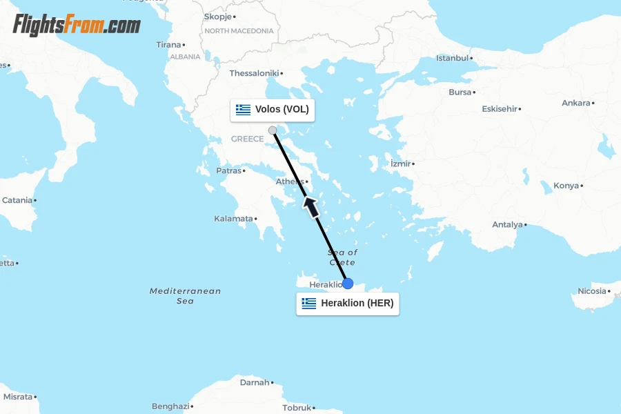 Flights from Heraklion to Volos route map