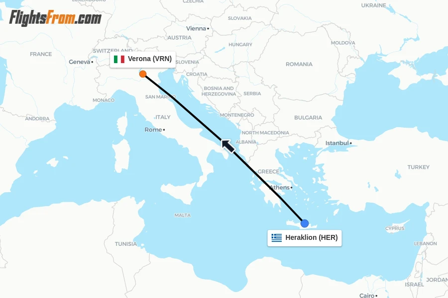 Flights from Heraklion to Verona route map