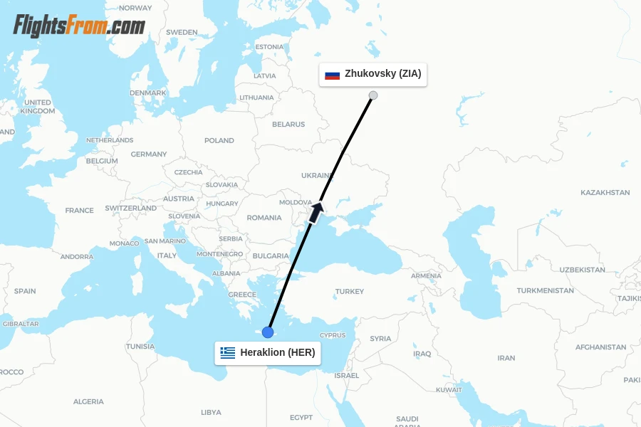 Flights from Heraklion to Zhukovsky route map