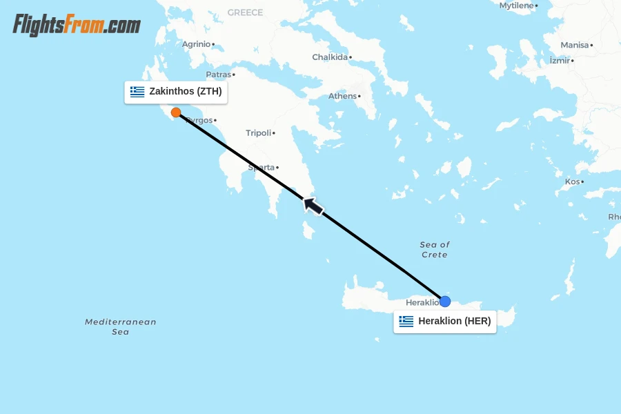 Flights from Heraklion to Zakinthos route map