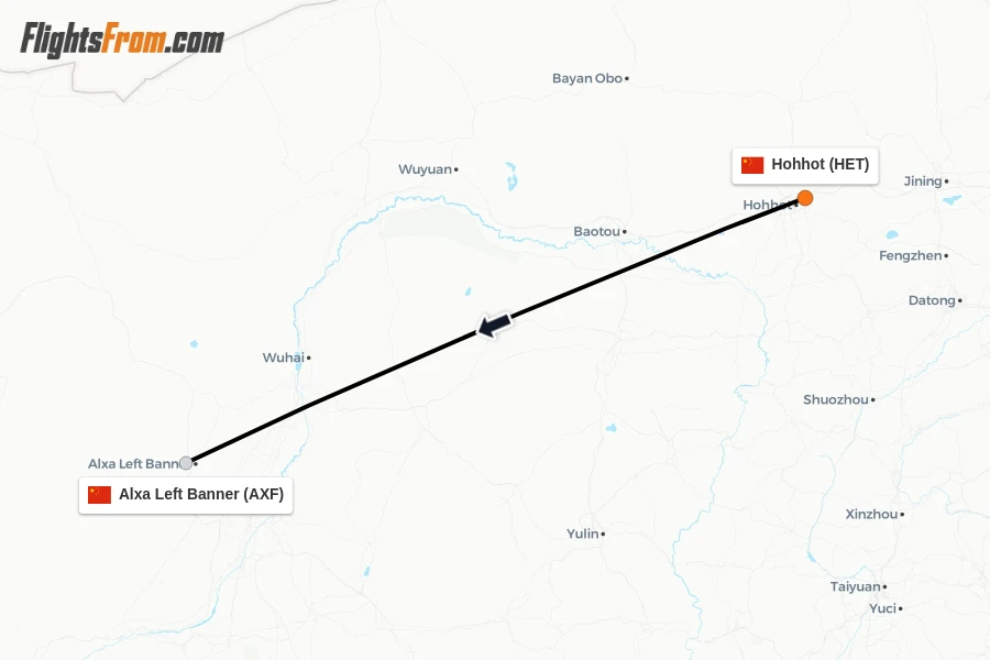 Flights from Hohhot to Alxa Left Banner route map