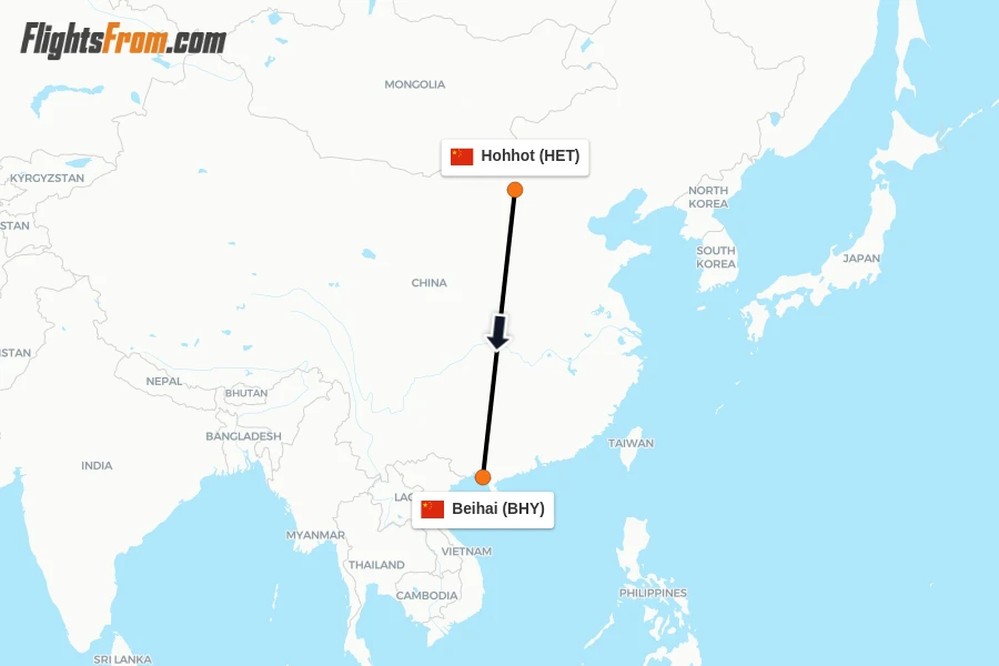 Flights from Hohhot to Beihai route map