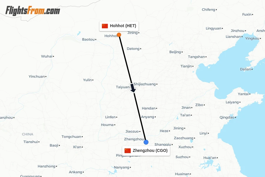 Flights from Hohhot to Zhengzhou route map