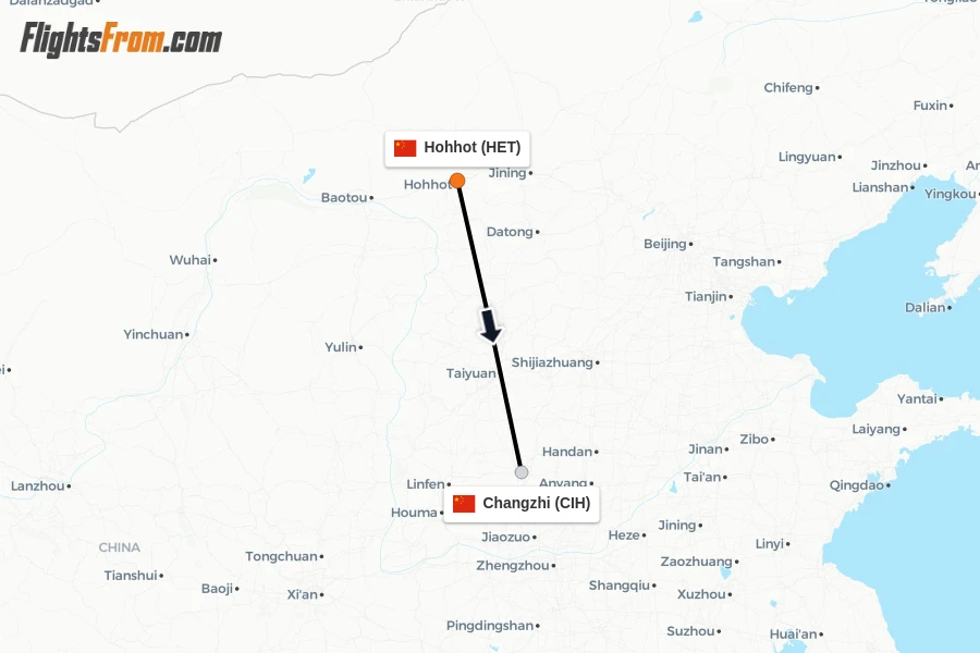 Flights from Hohhot to Changzhi route map