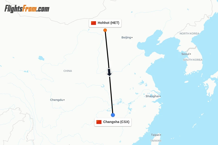 Flights from Hohhot to Changsha route map