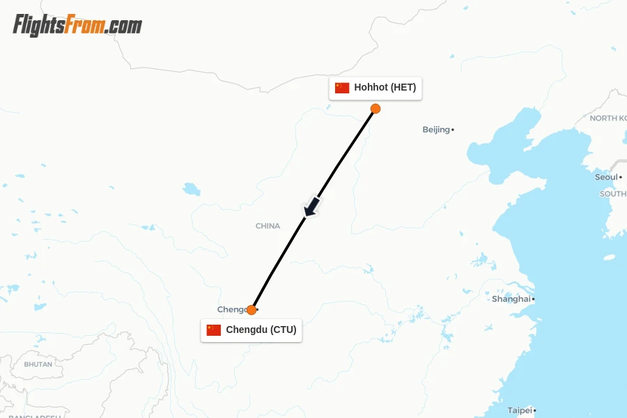 Flights from Hohhot to Chengdu route map