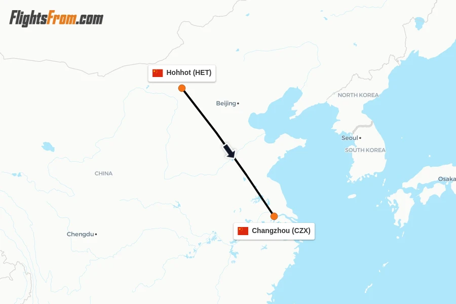 Flights from Hohhot to Changzhou route map