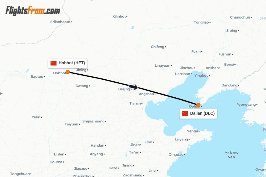 Flights from Hohhot to Dalian route map