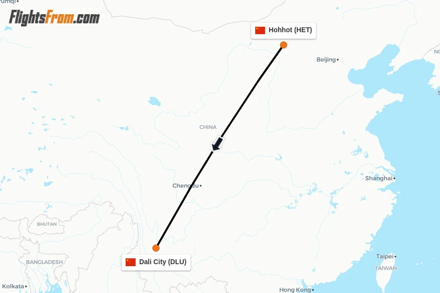 Flights from Hohhot to Dali City route map