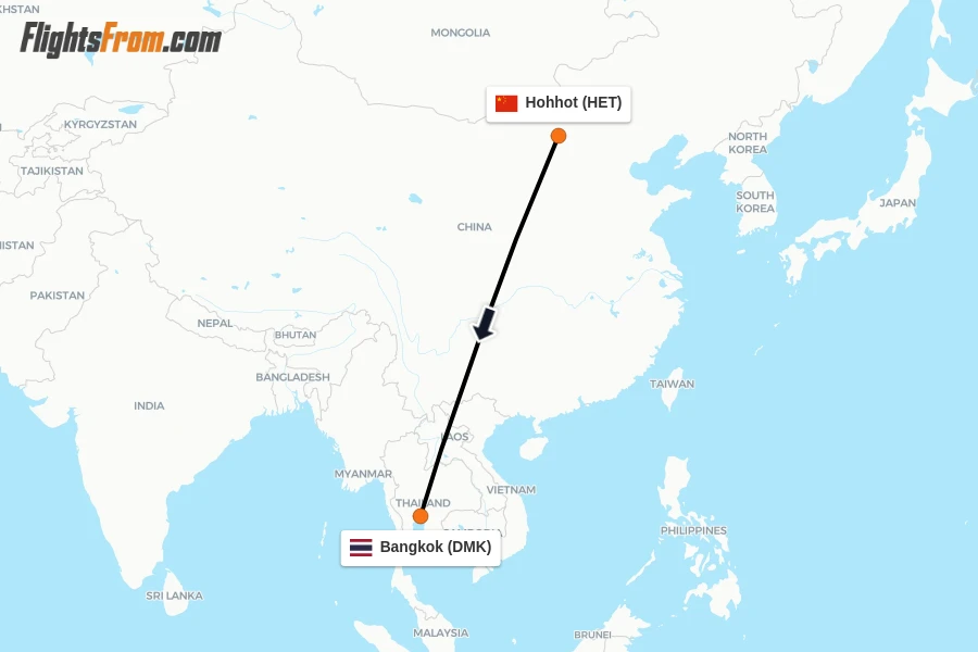Flights from Hohhot to Bangkok route map