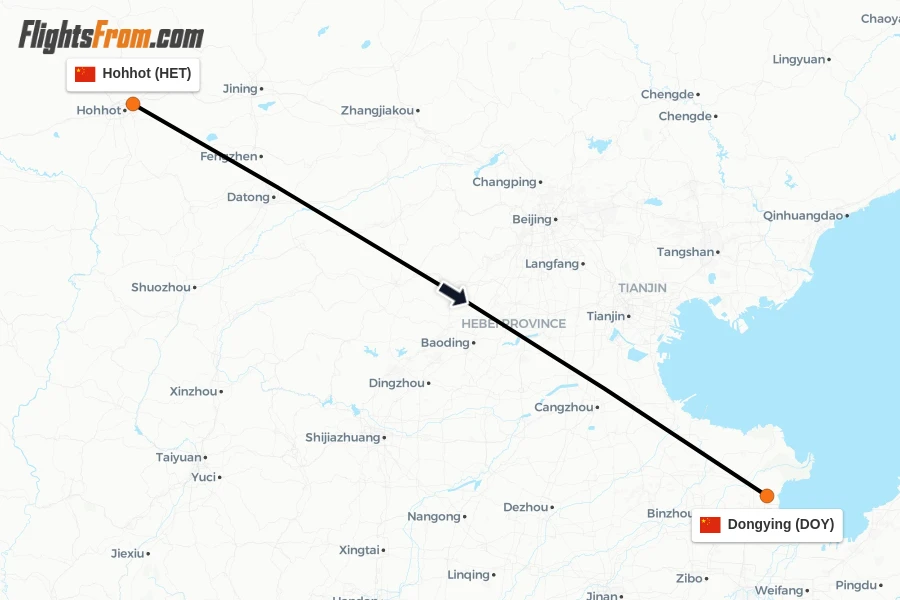 Flights from Hohhot to Dongying route map