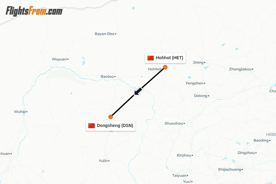 Flights from Hohhot to Dongsheng route map