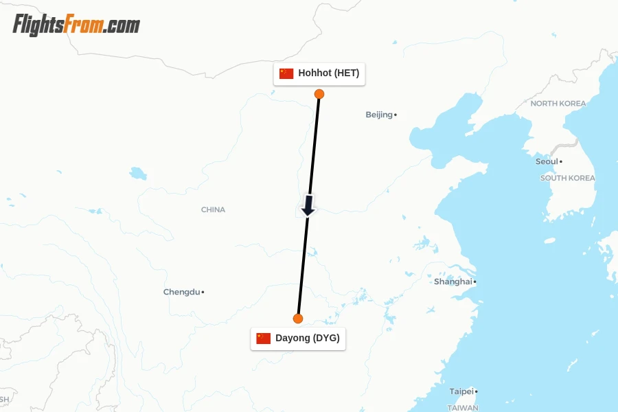 Flights from Hohhot to Dayong route map