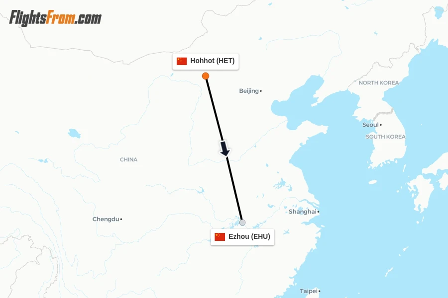 Flights from Hohhot to Ezhou route map