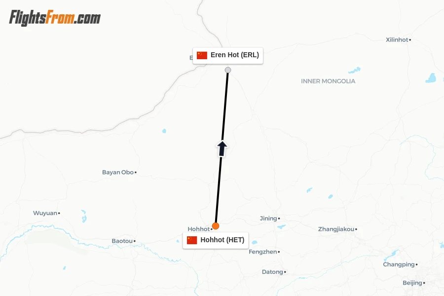 Flights from Hohhot to Eren Hot route map